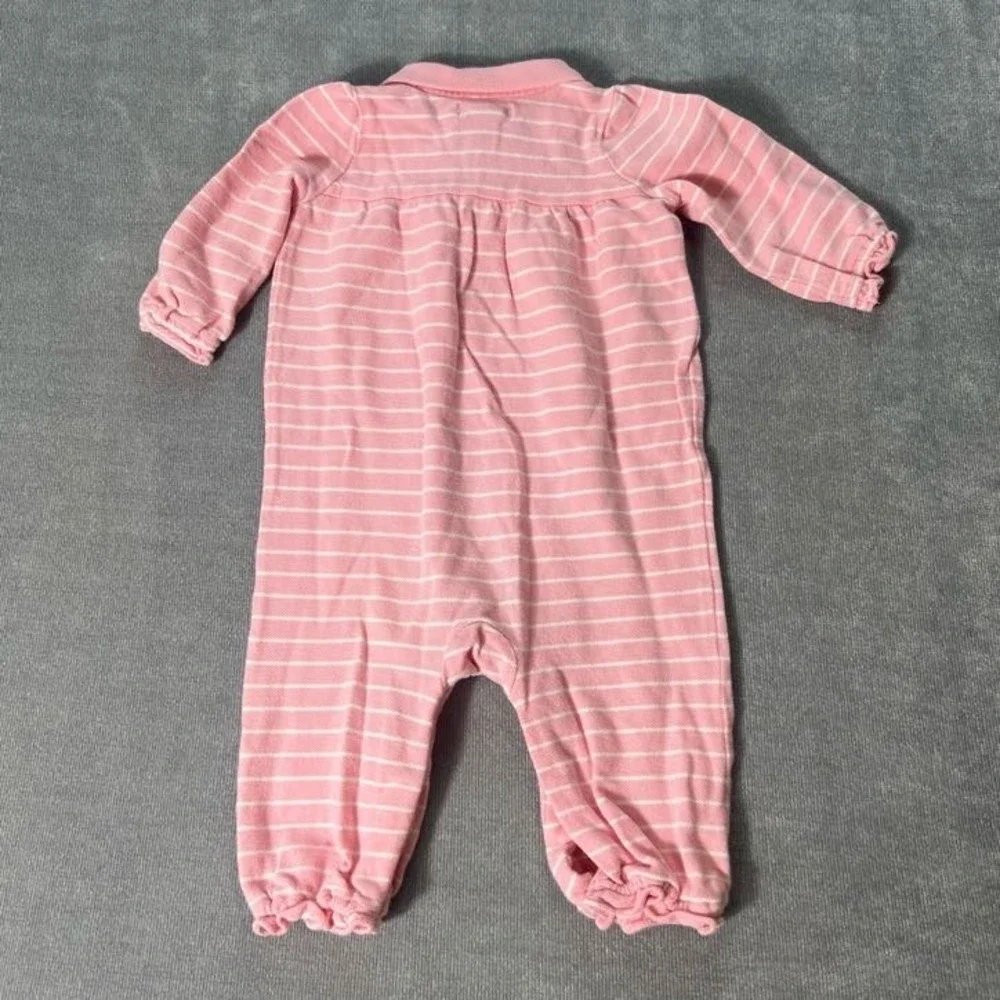 Ralph Lauren Baby Girls Polo Romper 9M Pink White Striped Long Sleeve One Piece